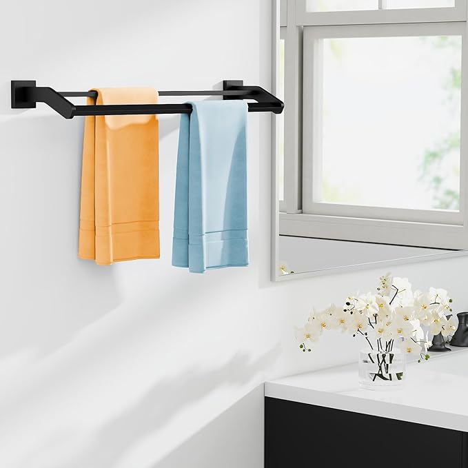 Double Towel Bar,24Inch Towel Rack for Bathroom Wall Mounted,Stainless Steel Bathroom Towel Holder Towel Hanger Rod for Wall,Matte Black