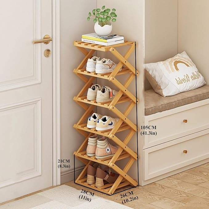 Shoe Rack, Bamboo Foldable Shoes Organizer Free Standing Shelf for Entryway, Closet, Bedroom, Hallway, | Natural | Functional | Multifunctional Shoe Rack (Wood Color) 6 Layers-NeatNest