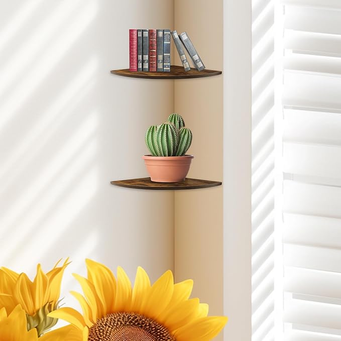 JJL Corner Shelves, 12 Inch Deep Corner Shelf Wall Mounted with Wire Hole, 4 Tier Circular arc Corner Hanging Shelving for Wall Storage, for Speaker, Cable Box, Rust Brown-NeatNest