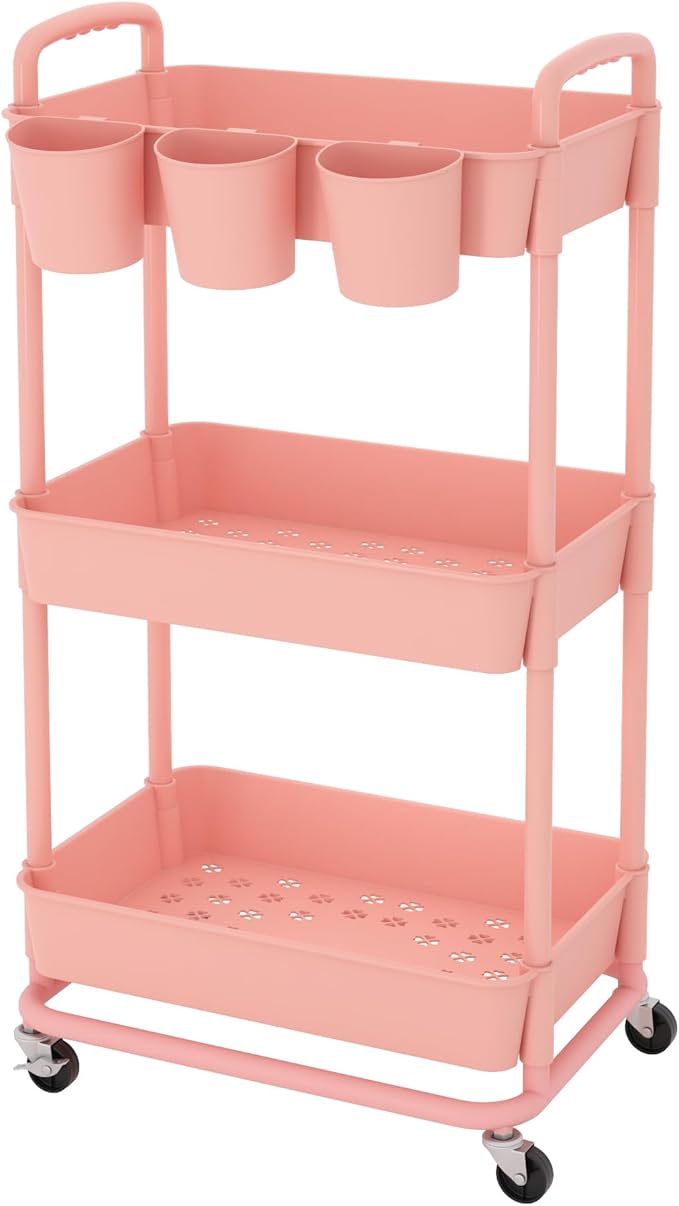 JIUYOTREE 3-Tier Plastic Rolling Storage Cart Utility Cart with Extra Hanging Cups Handles Lockable Wheels for Living Room Bathroom Kitchen Office Pink-NeatNest
