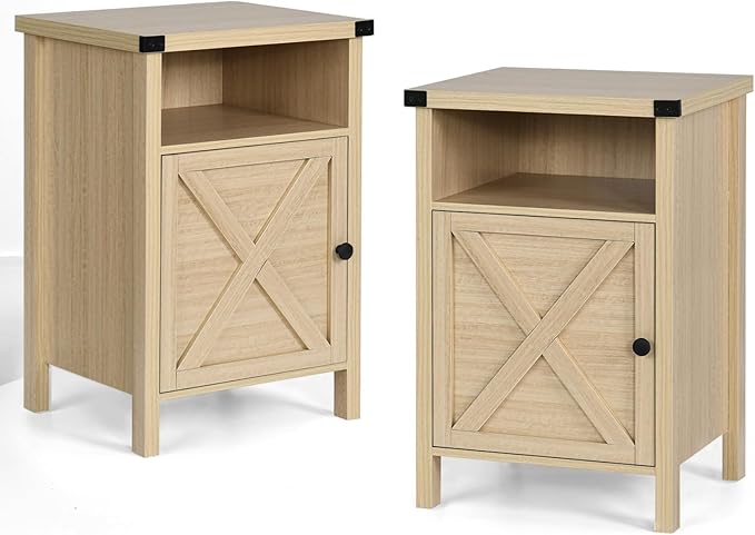 Farmhouse End Table, Nightstand, End Tables with Barn Door and Shelf, Modern Bed Side Table Rustic Nightstands Set for Bedroom, Living Room, Set of 2, Natural