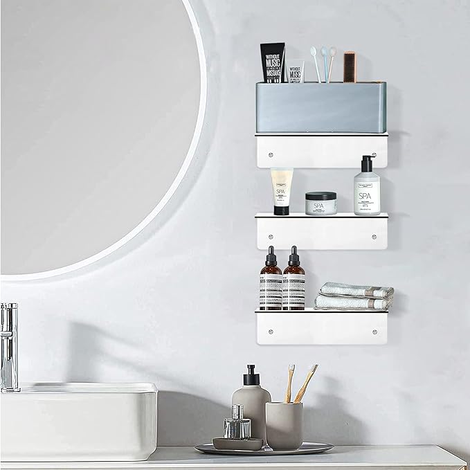 9 Inch Clear Acrylic Floating Shelf, No Drill Adhesive Wall Shelf Set of 2 for Storage, Floating Shelves Damage-Free Expand Wall Space for Living Room, Office, Gaming Room, Bathroom