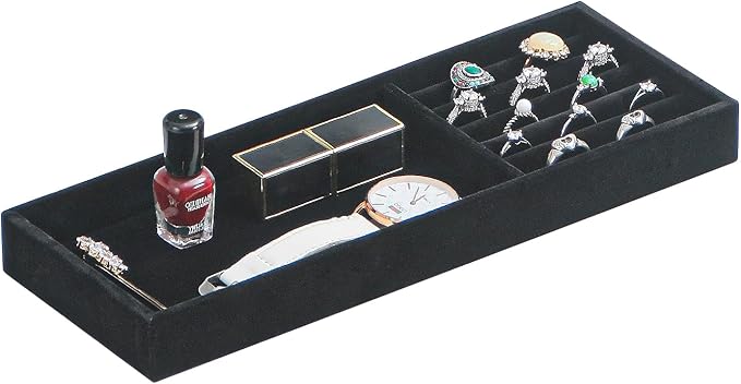 Divided Drawer Organizer - Velvet Jewelry Storage Tray for Necklace, Bracelet, Ring, Earring Display - Bedside Nightstand Desk Holder for Phone, Watch, Sunglasses, Cosmetics Storage - Black, 2 Grid-NeatNest