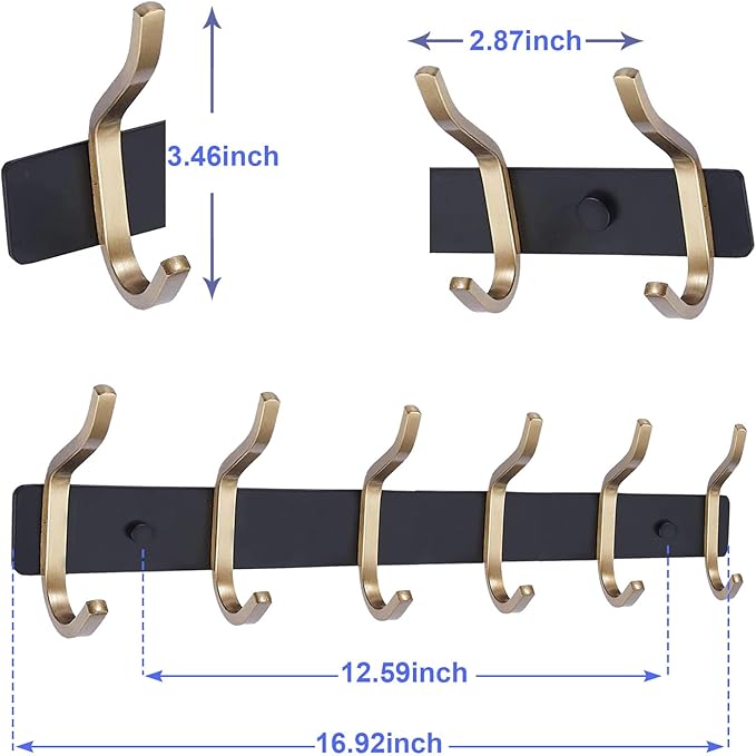 AZW Coat Rack Wall Mount,Heavy Duty Stainless Steel Metal Coat Hooks Hanging for Robes Bags Keys Hat Clothes and Bathroom Door Towels Hanger(Black and Gold 6 Hooks)-NeatNest