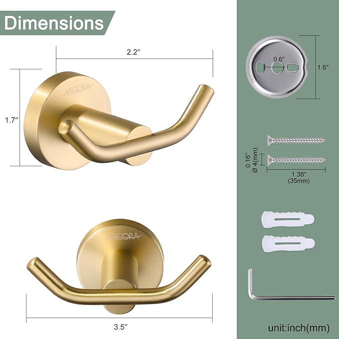 ARCORA Brushed Gold Towel Hooks, SUS 304 Stainless Steel Wall Hooks, Heavy Duty Robe Hooks 1 Pack, Modern Towel Hooks for Bathroom