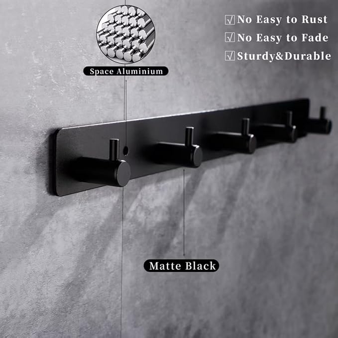 Adhesive Bathroom Black Hook Rail, 6 Matte Black Wall Key Hooks Rack Hanger Towel Robe Stick Door Hooks for Bathroom Toilet Entryway Hallway Kitchen Wall Mounted