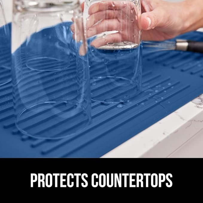 GORILLA GRIP 100% BPA-Free Patented Silicone Dish Drying Mat for Kitchen Counter, Water Catching Ribbed Design, Easy Clean Waterproof Sink Liner, Heat Resistant, Fits Under Rack, 16x12 Inch, Blue