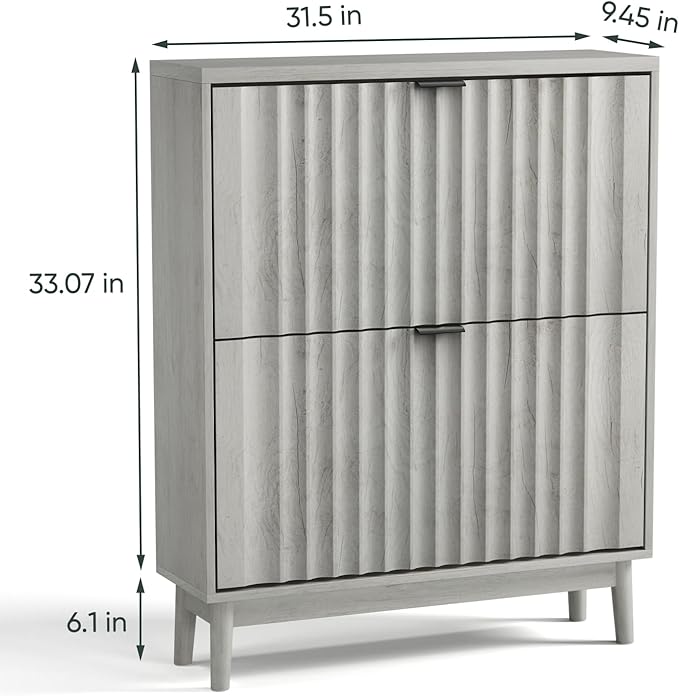 Vibe & Dine Shoe Cabinet with 2 Flip Drawers, Fluted Shoe Storage Cabinet for Entryway Slim, Free Standing Shoe Rack Organizer with Wave Doors for Hallway, Bedroom, Grey-NeatNest
