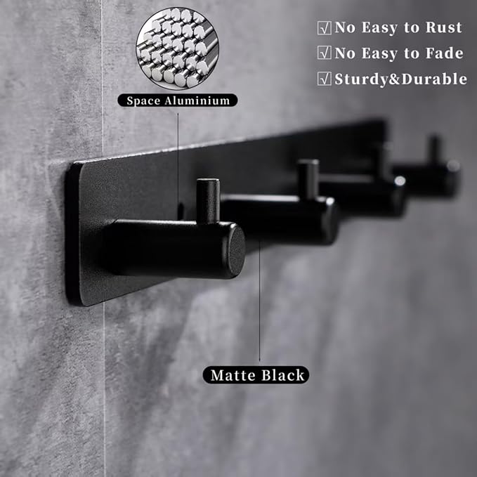 Black 4 Wall Hooks, Matte Black Bathroom Hook Rail, Self Adhesive Key Hook Rack Hanger Towel Robe Stick Hooks for Toilet Entryway Hallway Kitchen Wall Mounted-NeatNest
