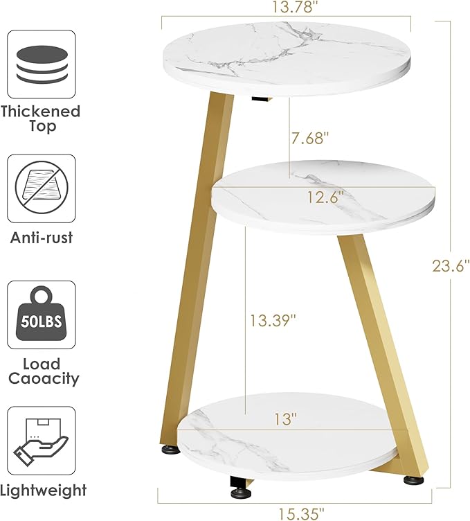 BEWISHOME Round End Table Marble Side Table with Metal Frame, Small Nightstand with 3-Tier Shelves, Night Stand for Living Room Bedroom Tall Gold White Stand KTZ41J-NeatNest