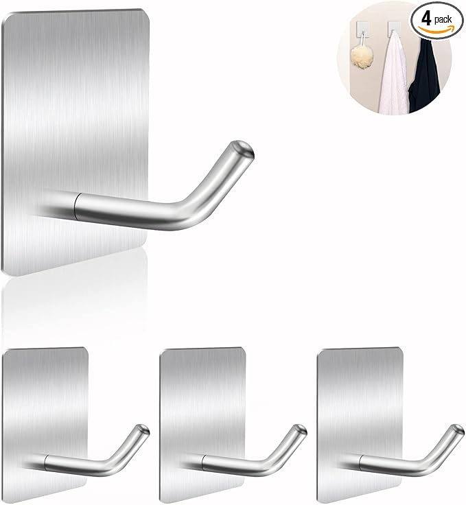 Heavy Duty Stainless Steel Self Adhesive Wall Hooks, Sticky Towel Hangers for Kitchen Bathroom Office, Waterproof Stick on Door Hooks for Hanging Robe Key Hat Coat 4Packs