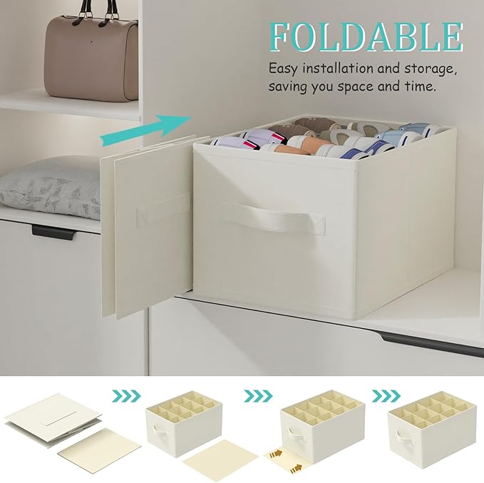 2 Pack Cube Shoe Organizer, Fits Up to 24 Pairs, Foldable Space-saving Storage Container Bins, Closet Organizers System with Reinforced Handles, 16.5 x 12.6 x 10.2 In, Beige, XSNX02BE-2-NeatNest