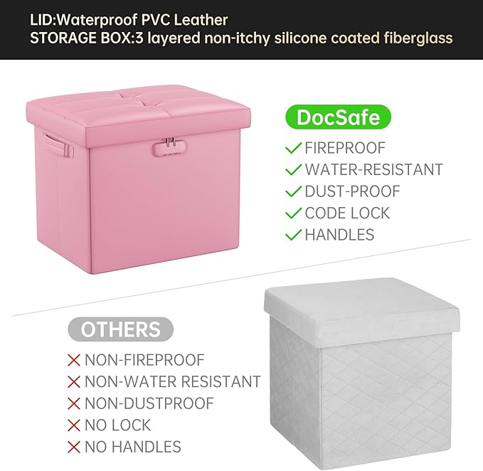DocSafe Storage Ottoman Foot Rest Stool with Lock & Handles, Fireproof Folding Leather Footstool Bench with Storage Safe for Living Room Bedroom, Home Office, Dorm, 17x13x13in, Pink-NeatNest