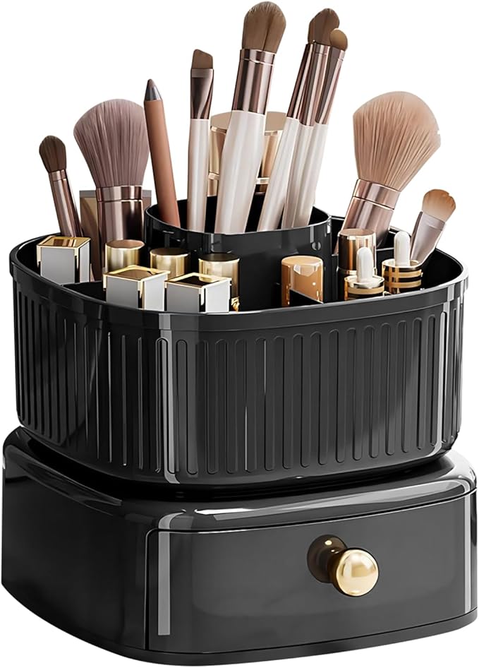 DASITON Stackable Makeup Organizer,Makeup Brush Holder With 360°Rotating Makeup Organizer Tray,Cosmetic Holder Shelf(Black)-NeatNest