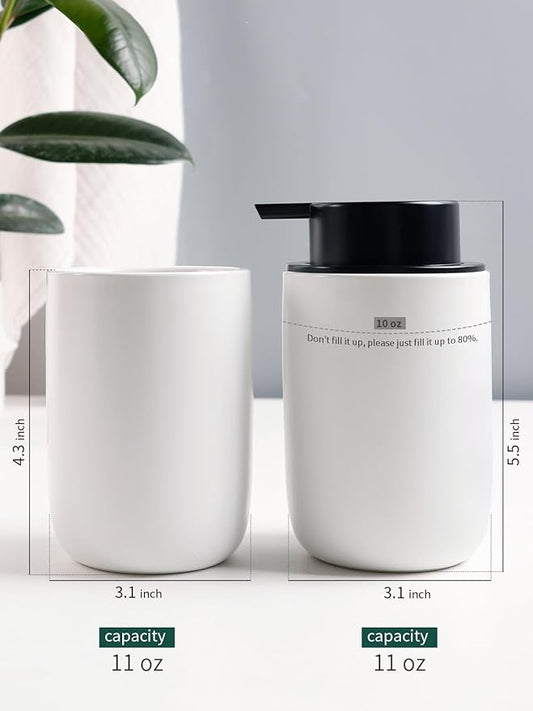 Bosilunlife Soap Dispenser and Toothbrush Holder Set - 11Oz Dish Hand Soap Dispenser Pump Ceramic Bathroom Counter Soap Toothbrush Holder Set White Bathroom Accessories Set-NeatNest
