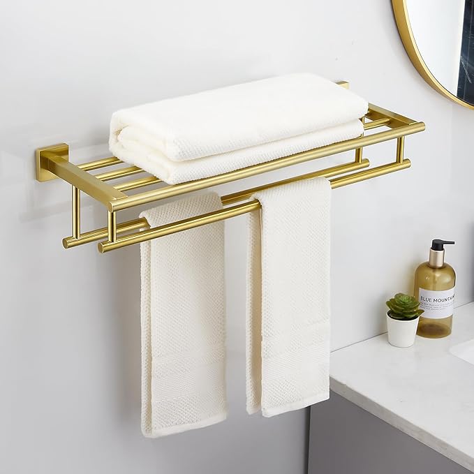 Bathroom Towel Rack with Double Towel Bar Bathroom Hotel Shower Shelf SUS304 Stainless Steel Modern Wall Mounted Holder 28 Inch Brushed Gold