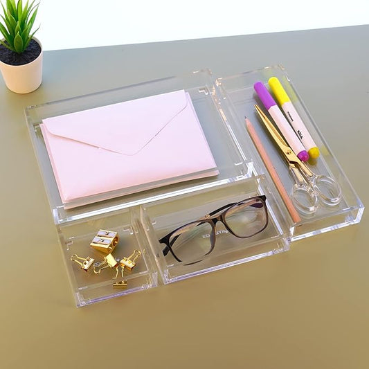 Clear Acrylic Desk Organizer for Office or Home Desk Drawer Dividers, Makeup Vanity Storage Bins, Stackable 4-Pack, Acrylic Accessory and Half Accessory Tray/Small Tray-NeatNest