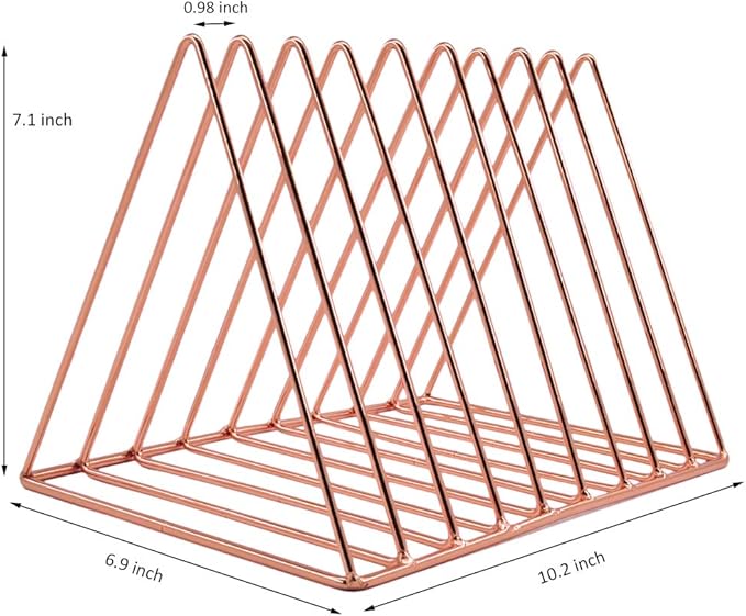 EASEPRES 9 Slot Magazine Rack Book Record Holder, Desktop Iron Storage Rack Bookshelf Multifunction Triangle File Organizer Sorter for Decor Home Office, Rose Gold Pack of 2