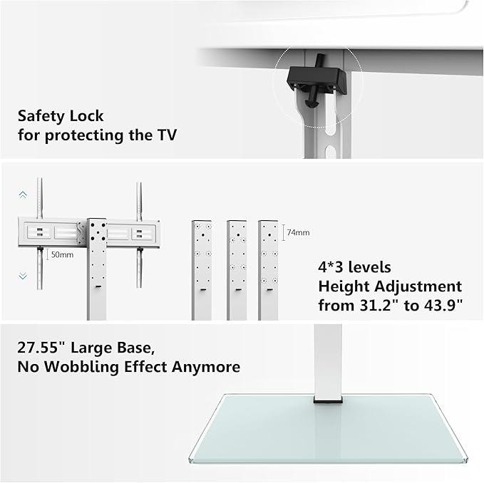 FITUEYES Universal TV Stand with Swivel Mount for 50-85 inch Flat Screens - Height Adjustable Tempered Glass Base Holds up to 143 lbs, White.