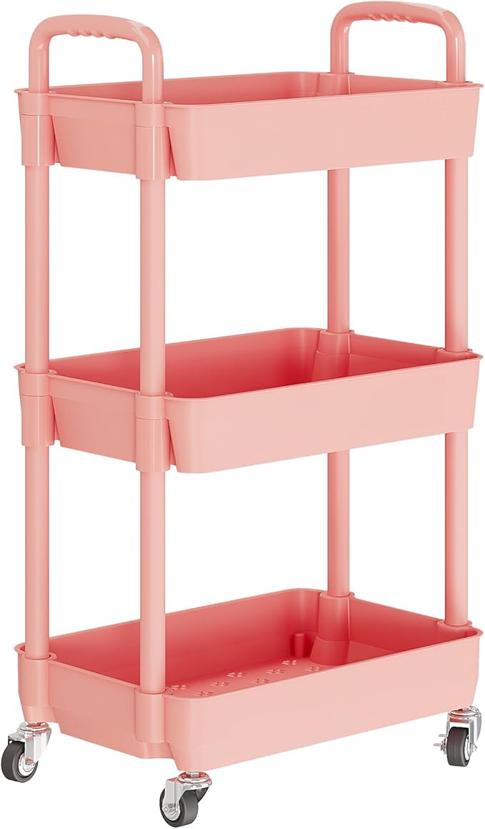 Laiensia 3-Tier Rolling Cart with Wheels,Multifunction Utility Storage carts, Kitchen Storage Organizer,Mobile Shelving Unit for Bathroom,Laundry,with Classified Stickers,Pink-NeatNest