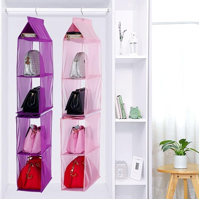 Detachable 4 Compartment Organizer Pouch Hanging Handbag Organizer Clear Purse Bag Collection Storage Holder Wardrobe Closet Space Saving Organizers System for Living Room Home Use (Pink)-NeatNest