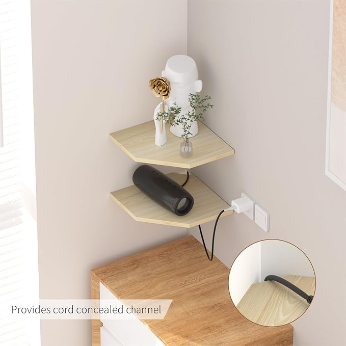 JJL Corner Shelves, 12 Inch Corner Shelf Wall Mounted with Wire Hole, 2 Tier 13.3 Inch Deep Wooden Corner Hanging Shelving for Wall Storage, for Speaker, Cable Box, Light White-NeatNest