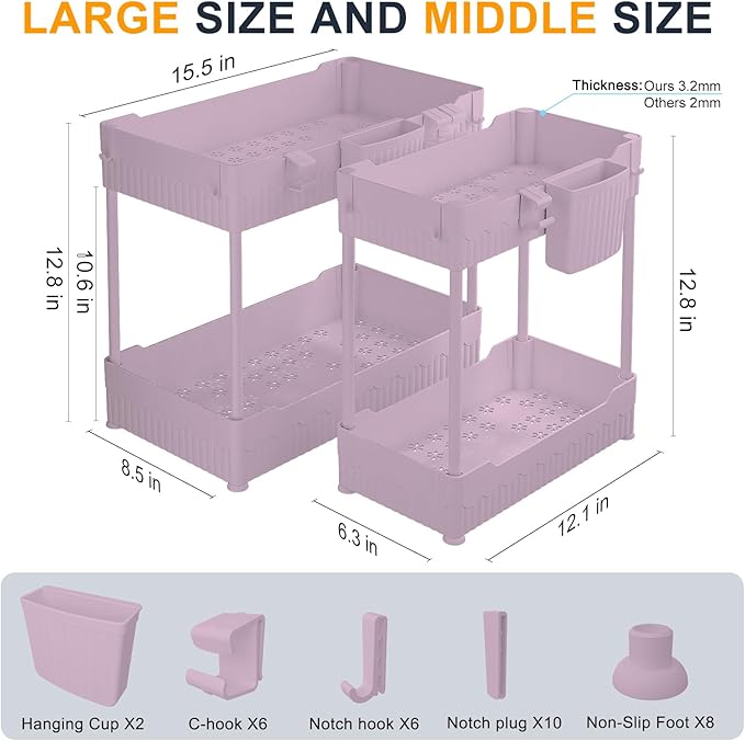 2 Pack Under Sink Organizer, Under Bathroom Cabinet Organizer with Hooks Hanging Cup, Multi-Purpose Storage Shelf for Kitchen Bathroom (Pink, L)-NeatNest