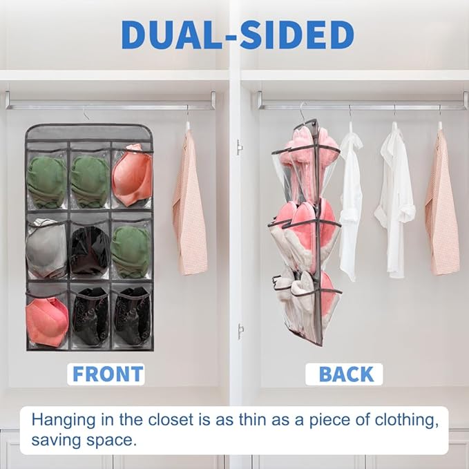 2 Pcs Closet Organizer Dual Sided Hanging Shoe Storage Bag Underwear Socks Holder with 18 Pockets (CLEAR POCKETS)-NeatNest
