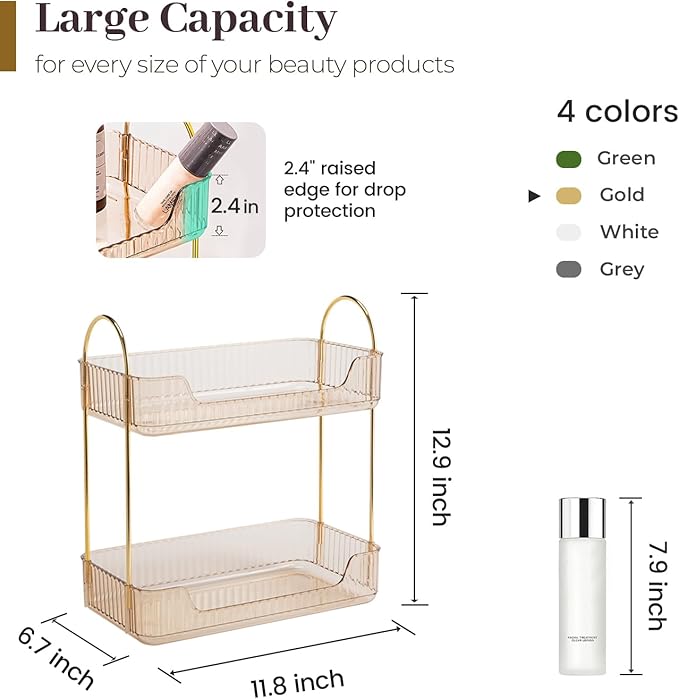 Aveniee Bathroom Counter Organizer, 2 Tier Perfume Skin Care Countertop Storage Shelf, Vanity Makeup Tray for Cosmetic Skincare Lotion, Gold-NeatNest