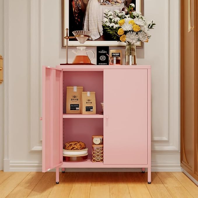 2 Doors Locker Metal Storage Cabinet, Accent Storage Cabinet with Shelves, Freestanding Metal Sideboard for Small Spaces, Living Room, Dining Room, Entryway (2 Door Cabinet, Pink)