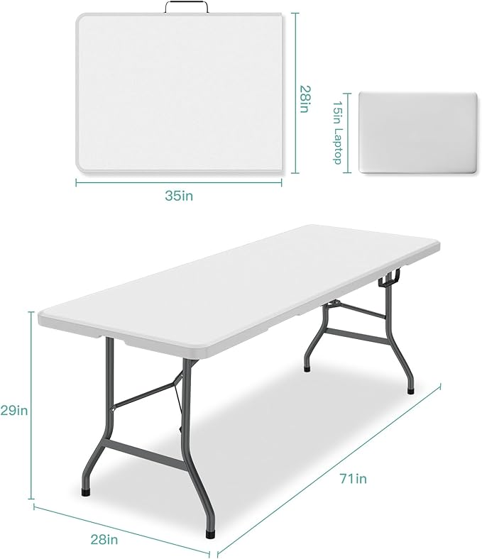 Generic 6 ft Folding Table, Foldable Dining Table, White Plastic Table, Lightweight Portable Table, Industrial Workbench for Indoor Outdoor, Picnic, Camping, Board Game with Handle, Locks - White-NeatNest