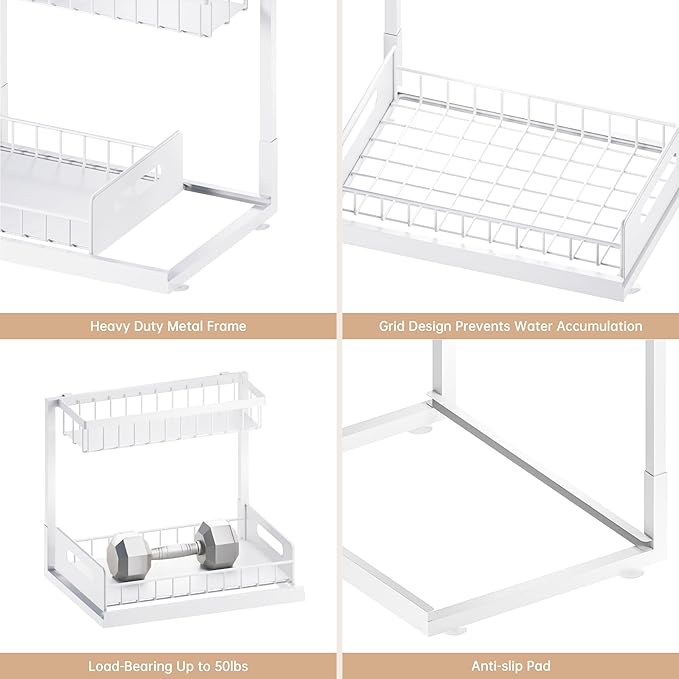 VUSIGN Under Sink Organizer and Storage, Slide Out Cabinet Organizer, Pull Out Sink Shelf for Kitchen Bathroom Laundry, White, 1 Pack-NeatNest