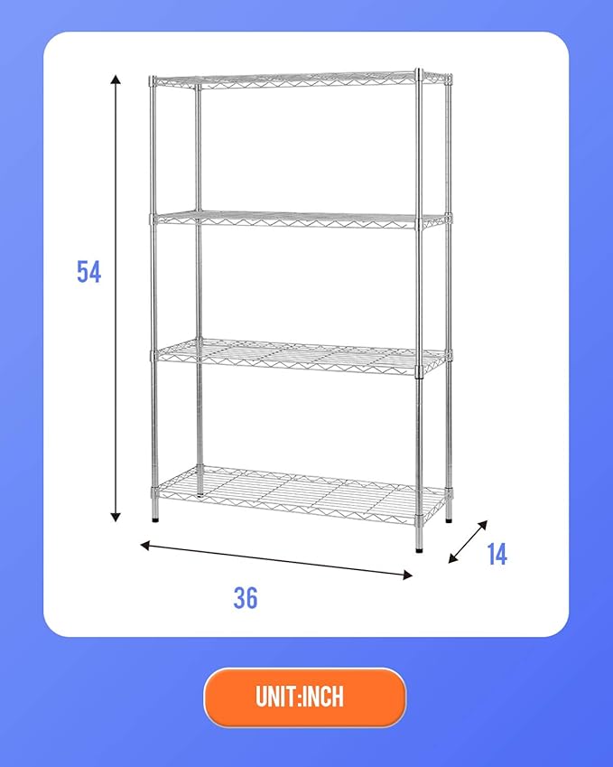 14" D×36" W×54" H Commercial Wire Shelving Unit Metal Shelf with 4 Tier Adjustable Layer Rack Strong Steel for Restaurant Garage Pantry Kitchen Garage,Chrome