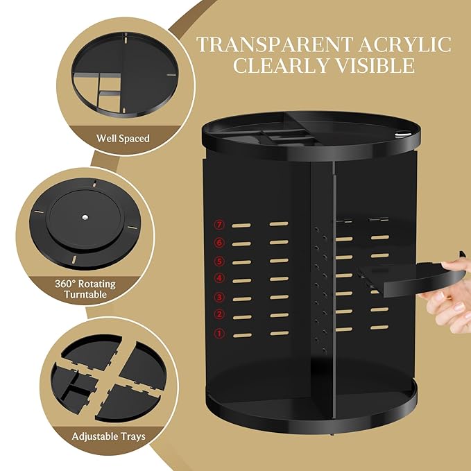 Makeup Organizer 360 rotating, Adjustable Skincare Organizers with Brush Holder, Cosmetics Display Cases for Vanity Bathroom Countertop Large Capacity Carousel Make up Caddy Shelf (Black)-NeatNest
