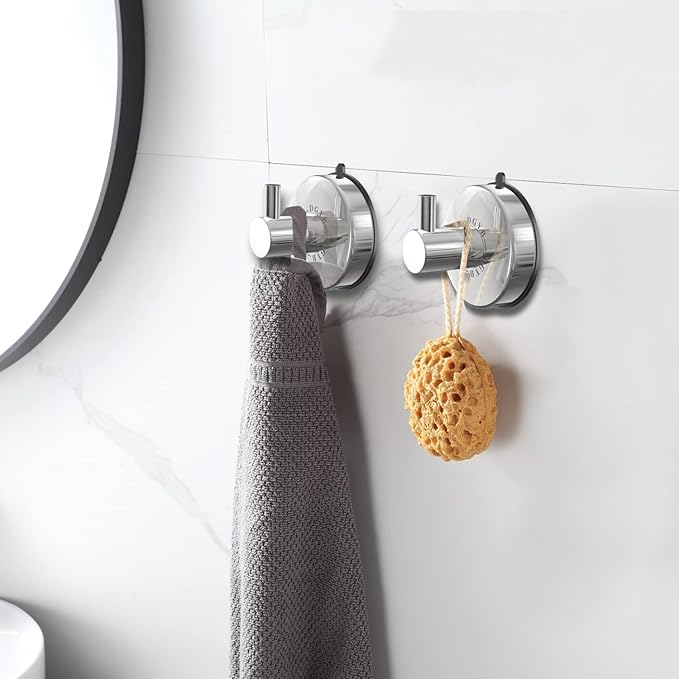 DGYB Suction Cup Hooks - 15LB Shower Hooks for Inside Shower, Stainless Steel No Drill Wall Hook Set of 2 Chrome Towel Hook for Bathrooms, Loofah, Robe-NeatNest