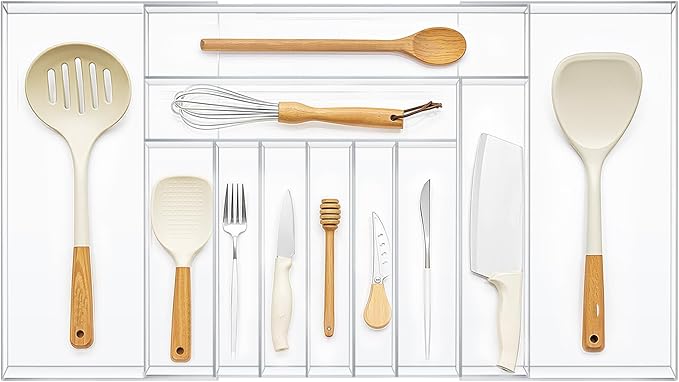 Expandable Kitchen Drawer Organizer Clear Acrylic Utensil Organizer Adjustable Acrylic Silverware Storage for Kitchen Drawers Silverware Flatware Knives (9-11 Compartments,18.5 x 17.4 Inches)