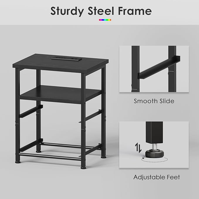 Black Nightstand with Charging Station, LED Night Stand with 2 Fabric Drawers, Side Table with Open Shelf, End Table with Outlets and USB Ports, 2 Drawer Dresser for Bedroom, Easy Assembly-NeatNest