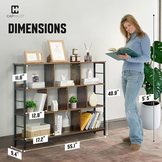 CAPHAUS 10 Cube Storage Organizer, 55” Wide 3 Tier Rustic Oak Industrial Open Shelf Bookcase, Display Shelf, Horizontal Bookshelf with Metal Frame, Wooden Board, for Living Room, Bedroom, Office-NeatNest