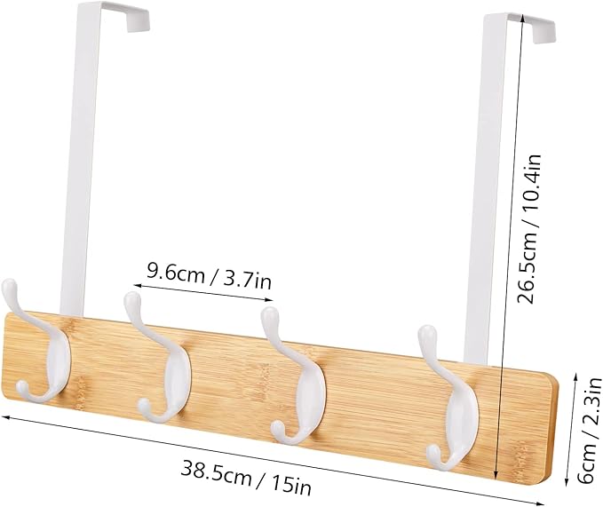 Badiano Over The Door Hook Hanger, Bamboo Coat Rack with 4 Metal Hooks, Wood Clothes Organizer for Coat, Towels, Bags, Robes (Natural)