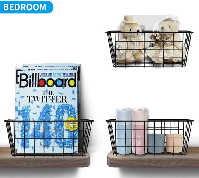 MaraFansie Hanging Kitchen Baskets Wire Storage Basket Over the Cabinet Door Organizer, No Drilling Adhesive Basket for Cabinet Pantry Organization and Kitchen, Bathroom, Storage, 2 Pack, Black-NeatNest