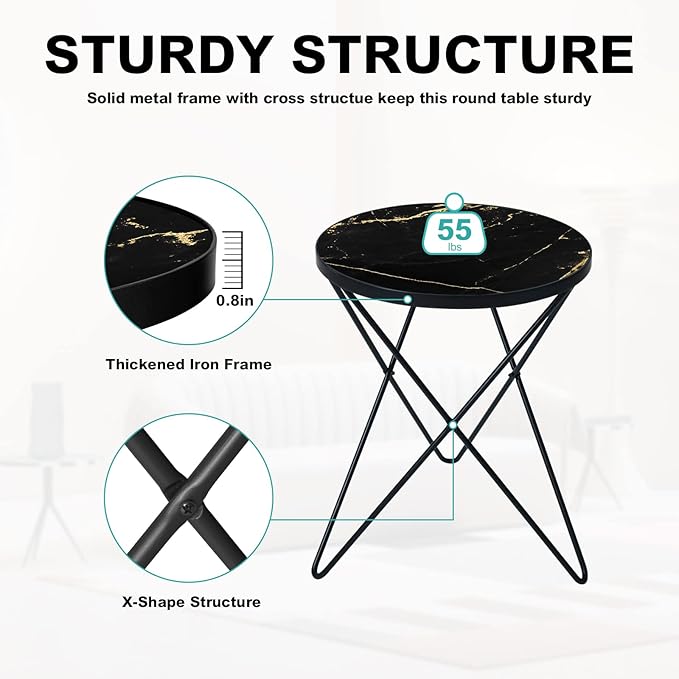 HLR Modern Round Side Table, End Table with Marble Effect Top and Gold Metal Frame, Small Side Table for Living Room, Bedroom, Sofa and Couch, Black Legs, Black Marble top