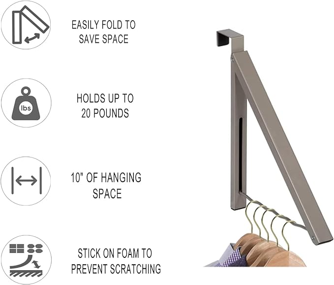 HOLDN’ STORAGE Over The Door Hanger - Single Foldable Rack Organizer for Hanging Clothes, Coats & Towels, Ideal for Dorm Rooms, Laundry, Bathrooms, Etc - Holds up to 20 LBs, Collapsible - Satin Nickel
