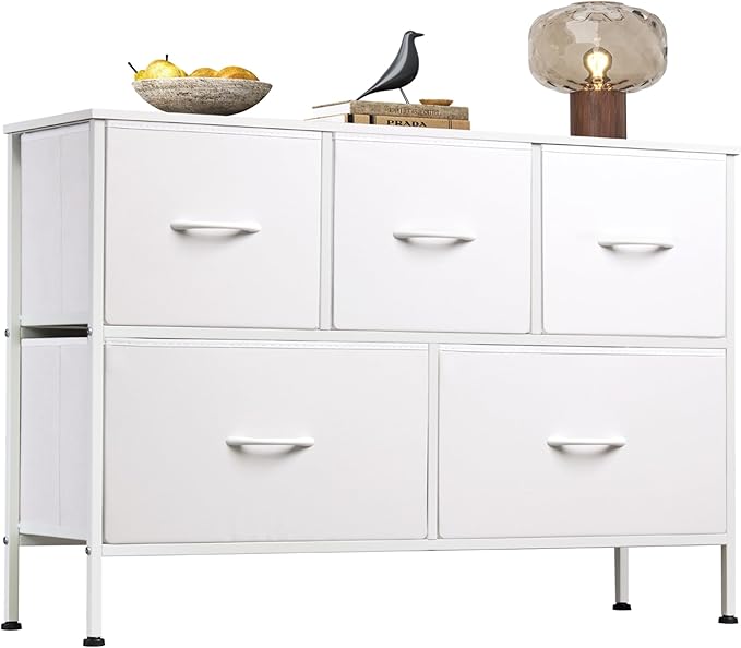 WLIVE White Dresser for Bedroom with 5 Drawers, Chest of Drawers, Fabric Small Dresser with Drawer Organizers, Storage Organizer Unit for Hallway, Entryway, Closets-NeatNest