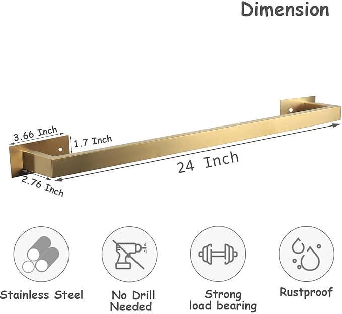 Bathroom Towel Bar Self Adhesive, No Drilling Towel Rack Easy to Install,Hand Towel Holder Made of Premium Stainless Steel Sticky on Hand Towel Hanger for Kitchen, Toilet.(24IN, Gold)-NeatNest