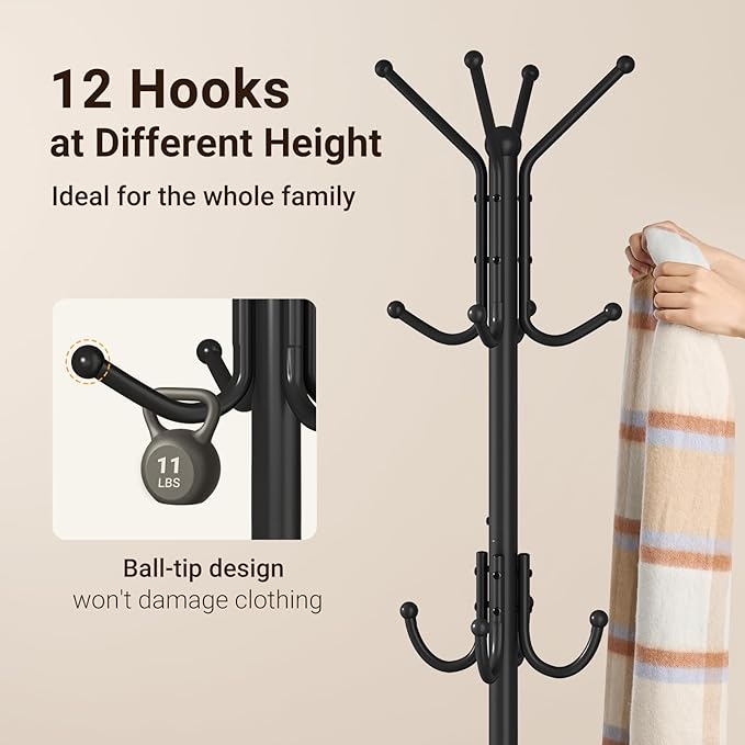 ELYKEN Coat Rack Freestanding, Metal Coat Rack Stand with Umbrella Holder, Modern Coat Tree with 12 Hooks, Floor Standing Corner Hall Tree for Entryway Living Room Bedroom Office, Black-NeatNest
