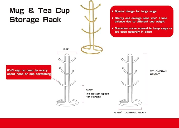 FitWell Mugs Holder, Mug Tree, Coffee Mug Holder, Coffee Mug Tree, Mug Organizer for Cabinet, Mug Holder Stand, Coffee & Tea Cup Storage Rack (Gold, 6 Mugs (15"H))-NeatNest