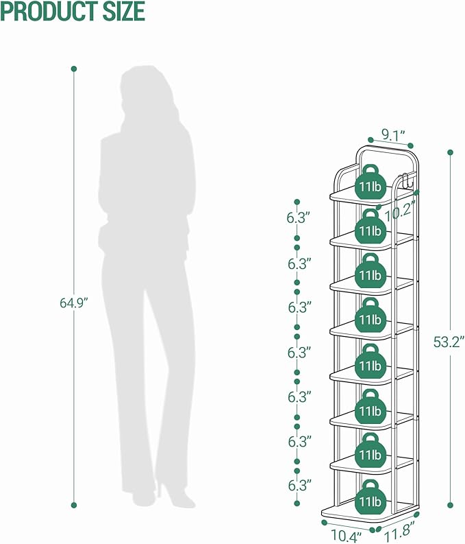 8 Tiers Vertical Shoe Rack, Narrow Shoe Tower, Tall Shoes Shelf with 2 Hooks, Adjustable Shelves, Corner Shoes Shelves for Small Spaces, Entryway, Living Room, Greige SR04305B-NeatNest
