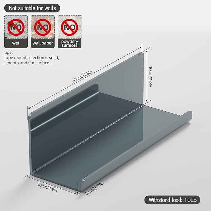 Adhesive Floating Shelves for Wall No Drilling, 12 Inch Acrylic Self Adhesive Shelves, Stick on Shelves, Dorm Wall Shelf, for Bathroom, Kitchen, Bedroom, Office, Gaming Room, Gray-NeatNest