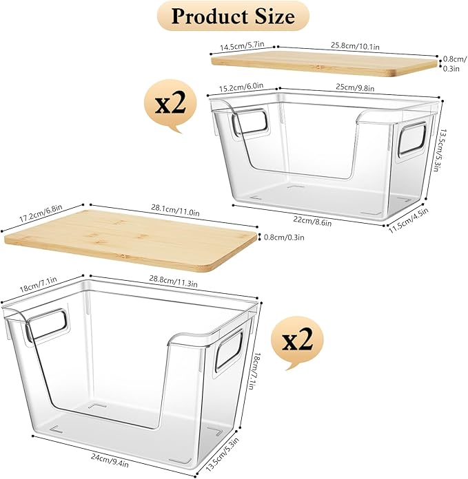4 Set Pantry Organizers and Storage with Bamboo Cover, Fruit and Vegetable Can for Kitchen Organizer, Clear Front Open Bins with Handle Storage Bins for Potato, Onion, Garlic, Fruits, Vegetable