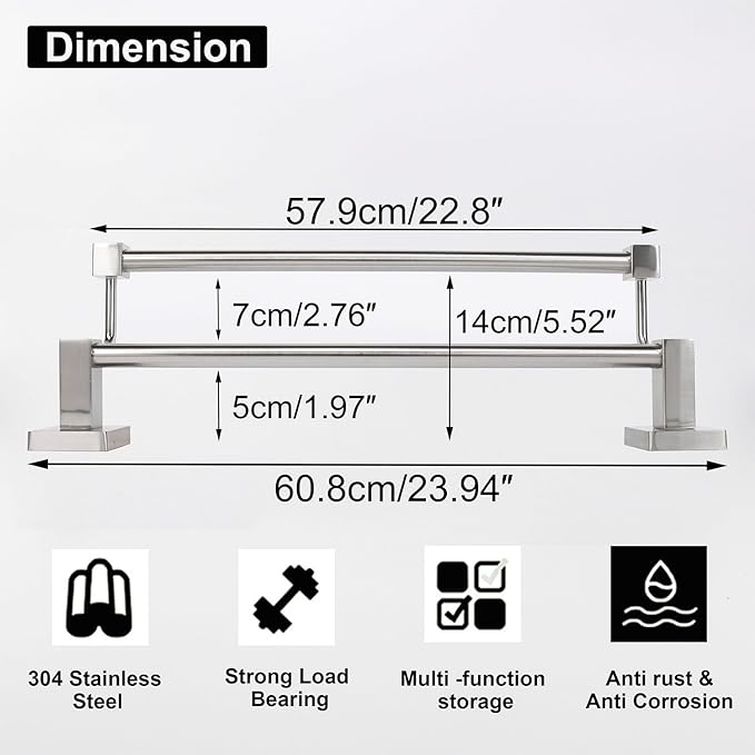 TocTen Double Bath Towel Bar - Thicken SUS304 Stainless Steel Towel Rack for Bathroom, Bathroom Accessories Double Towel Rod Heavy Duty Wall Mounted Square Towel Holder(Brushed Nickel, 24 INCH)